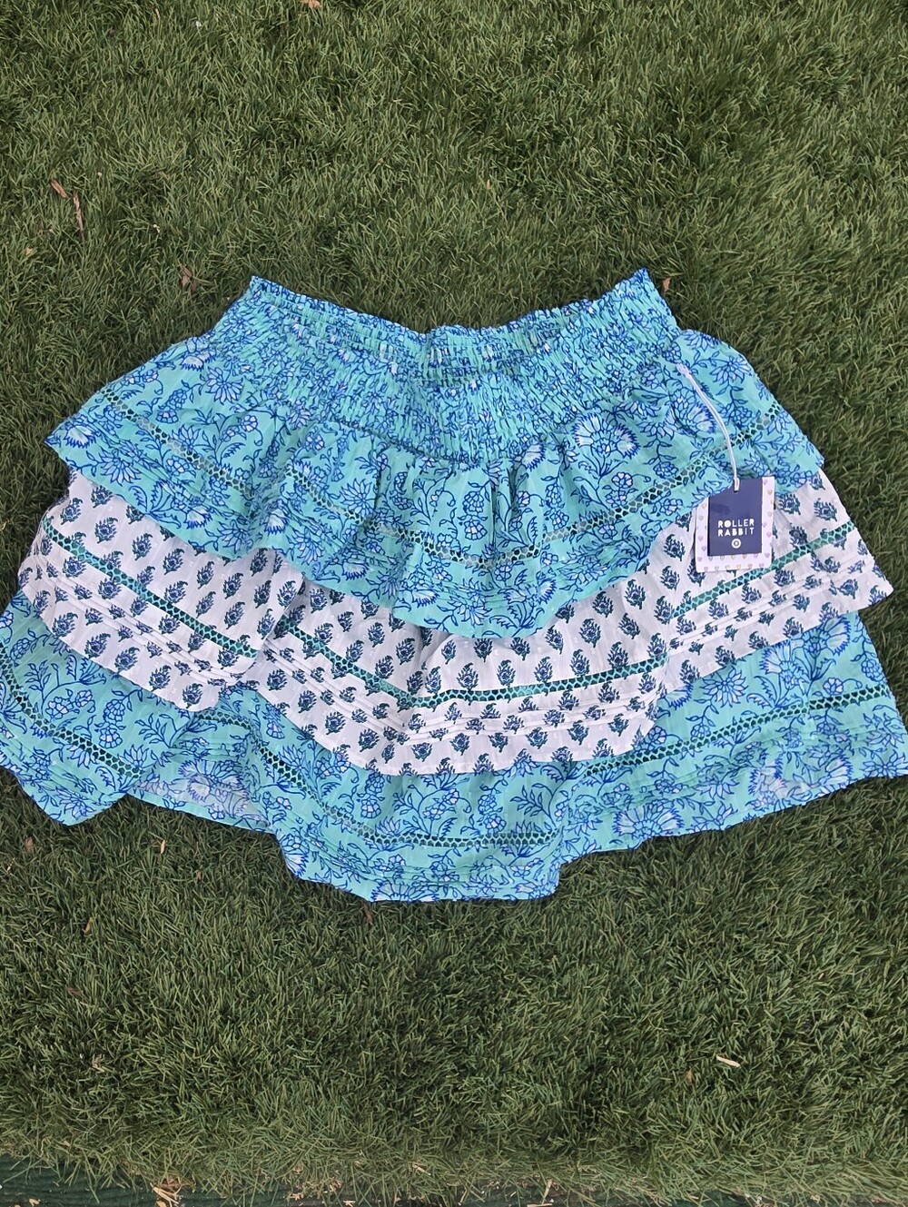 Roller Rabbit Aqua and White Floral Tiered Mini Skirt